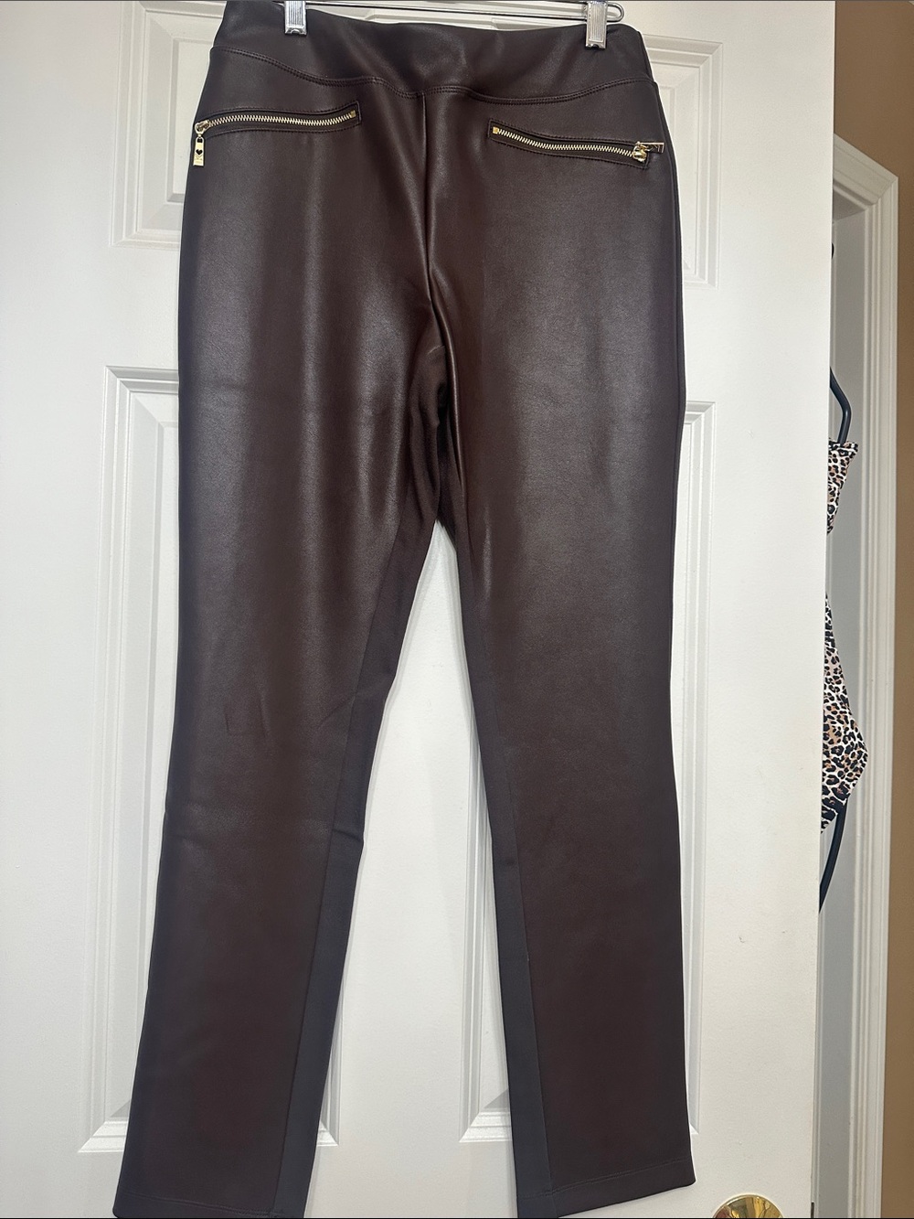 Belle by Kim Gravel Dark Brown Faux Leather Pants with Gold Zippers